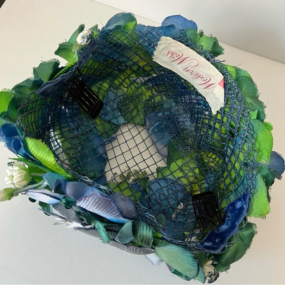 Elegant Vintage Modern Miss Blue Green Floral Pillbox Hat - Picture 10 of 12